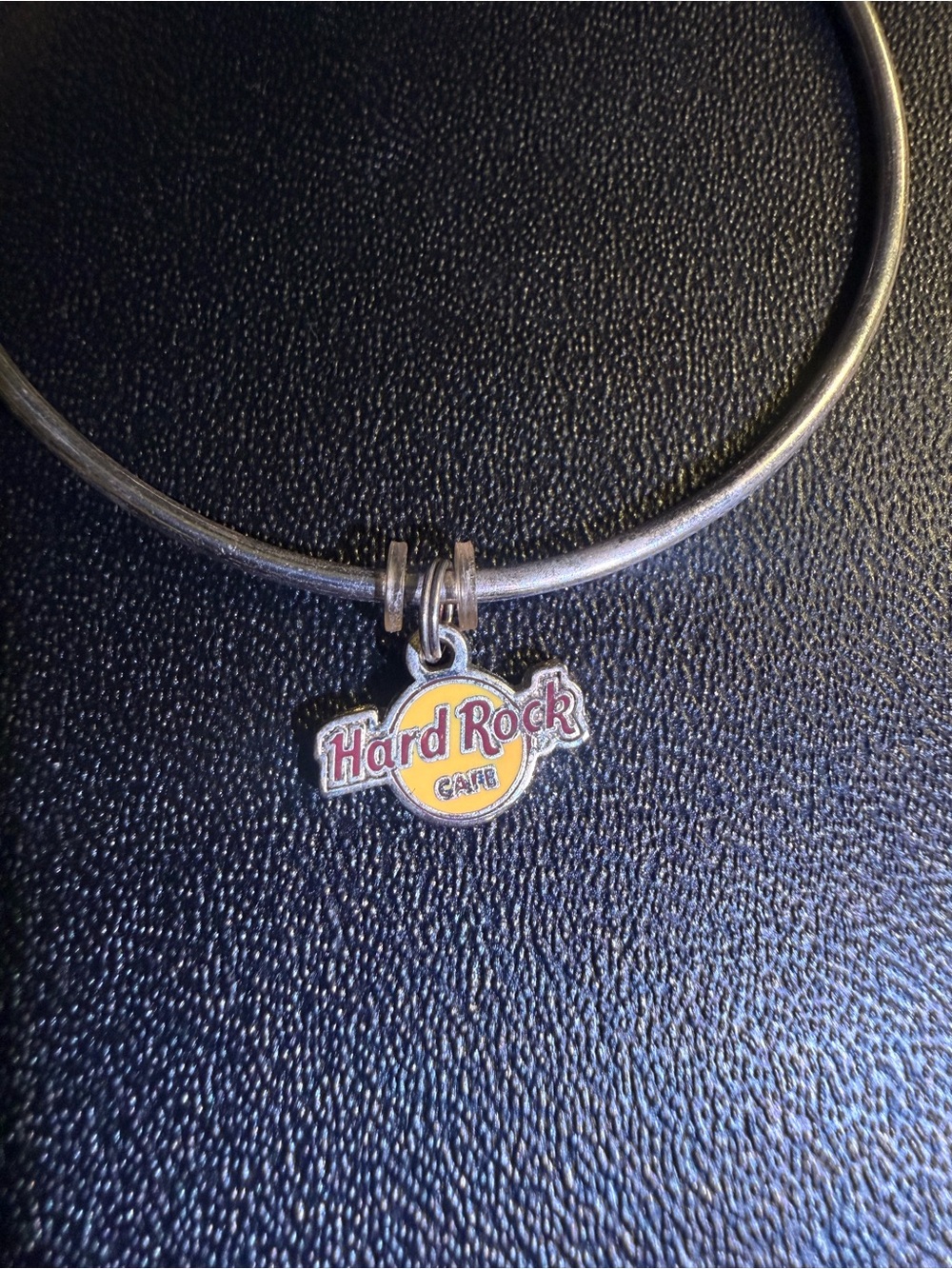 Hard Rock Cafe Silver Bangle Necklace with Yellow Logo Charm